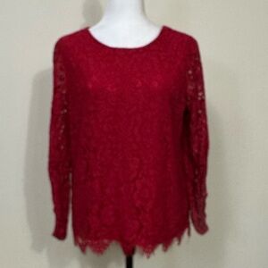 NWOT Zac & Rachel Red Lining Overlay Lace Semi-Shear Long Sleeves Pullover Top L